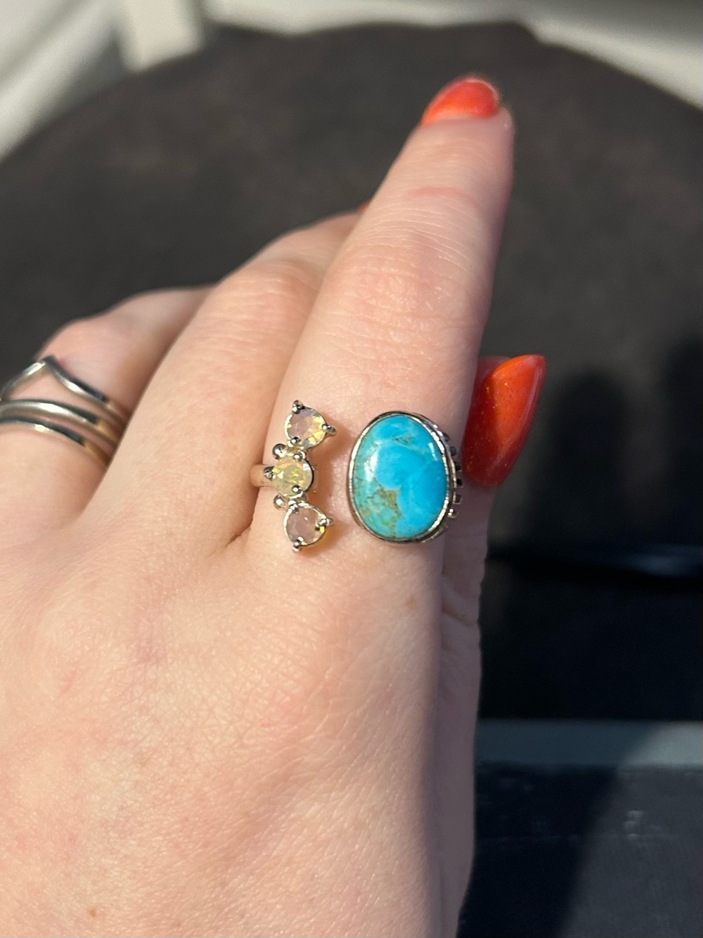 Turquoise Oval Stone and Egyptian Opal Adjustable Sterling Ring